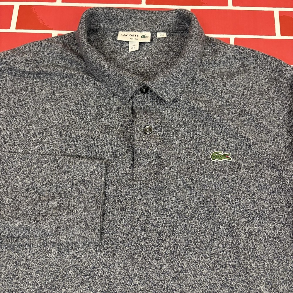 Lacoste Polo Shirt Mens XL Blue Cotton Knit Croc Logo Slim Fit Long Sleeve